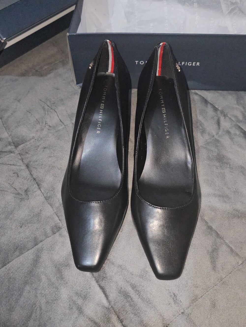 Tommy Hilfiger Opheili Black Leather Block Heel Pumps with Flag Detail